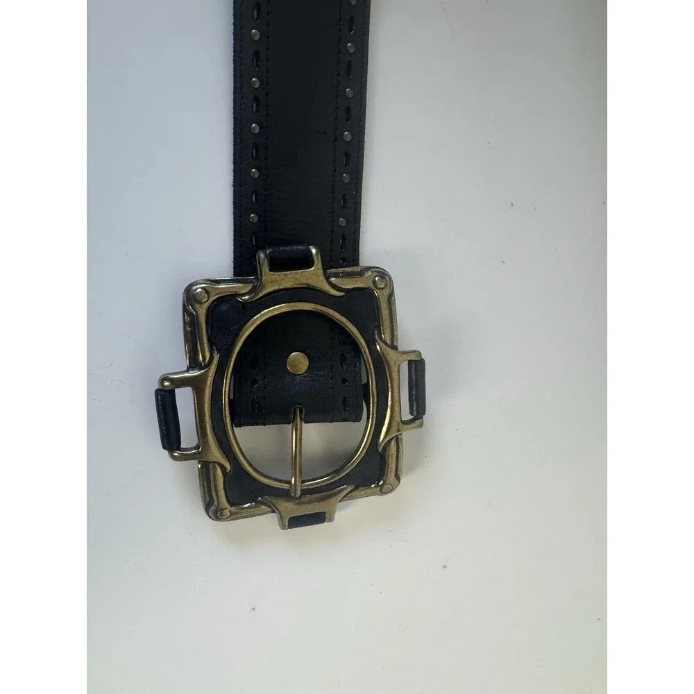 Vintage Black Leather Wide Belt Brass Tone Statement Buckle Boho Western Style